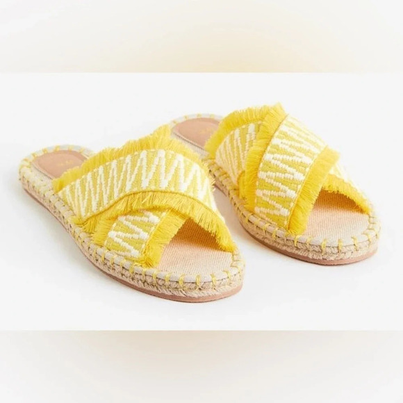 H&M sandals espadrilles criss cross fringe slides yellow embroidered flats - Picture 2 of 3